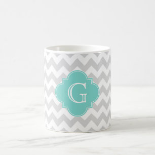 Mug Gris Clair Blanc Chevron Aqua Quatrefeuilles Monog