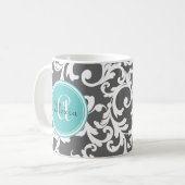 Mug Gris et aqua Damas monogramme Imprimer (Devant gauche)