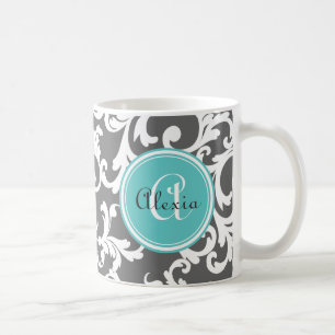Mug Gris et aqua Damas monogramme Imprimer
