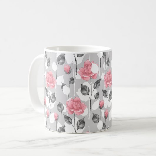 Mug Gris et rose. Motif floral (Devant gauche)