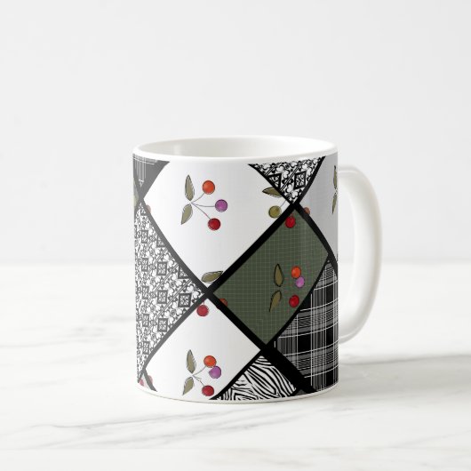 Mug Gris Olive rustique patchwork motif (Devant droit)