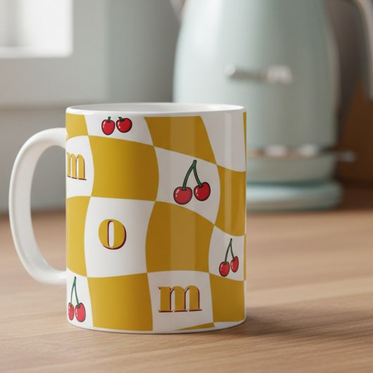 Mug Groovy Cherry Checkerboard Kitchen Kitsch Mom