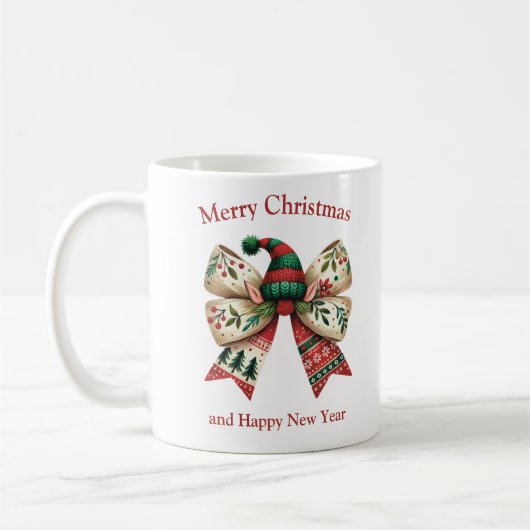 Mug Gros Noël avec arc rustique avec elfes casquette (Gauche)