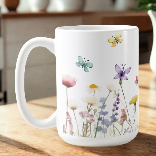 Mug Grosse boue Aquarelle fleurs sauvages et papillons