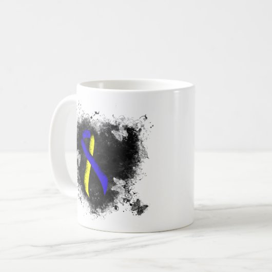 Mug Groupe de ruban de sensibilisation bleu et jaune (Devant gauche)
