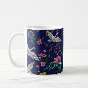 Mug Grues japonaises, vagues et fleurs. Broderie