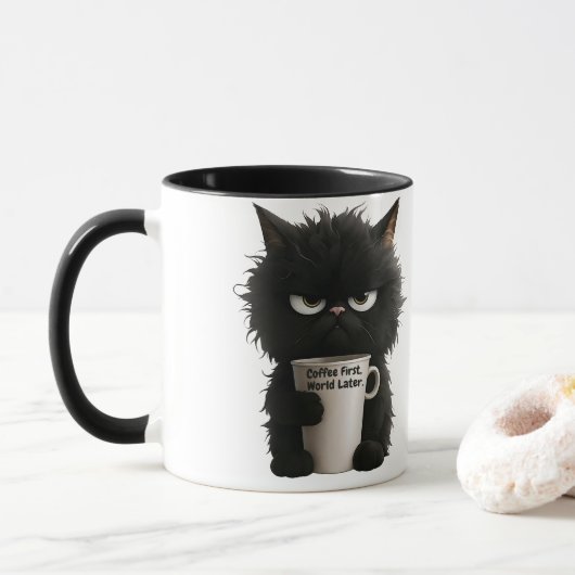 Mug Grumpy Cat Coffee Mood T-Shirt Funny Black Fluffy (Avec donut)