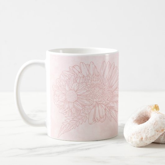 Mug Grunge Rose Pâle avec Nom et Chrysanthèmes (Avec donut)