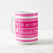 Mug Guérir Bible Verse rose et blanc strié initial (Devant gauche)