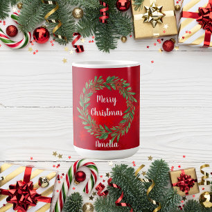 Mug Guichet de Noël rouge personnalisé et couronne de