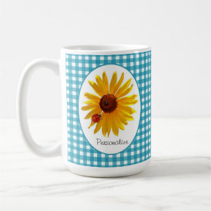 Mug Guingan de turquoise de tournesol de coccinelle