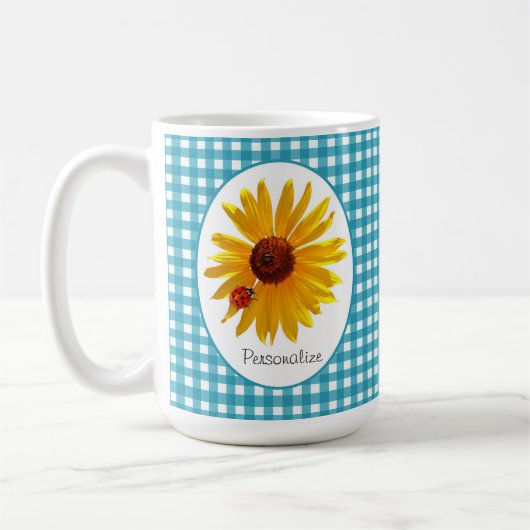 Mug Guingan de turquoise de tournesol de coccinelle (Gauche)