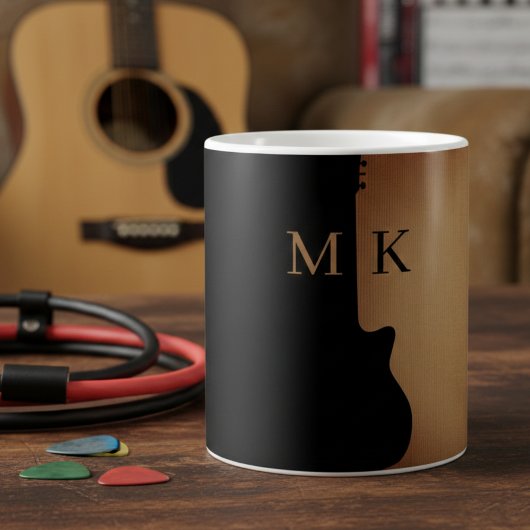Mug Guitar Silhouette Tan Wood Name Monogram