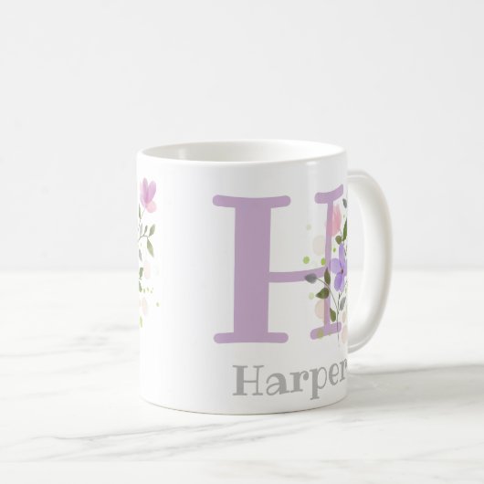 Mug H initial et le nom Harper avec fleurs (Devant droit)