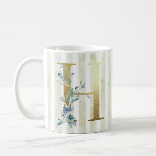 Mug H initiale dorée sur bandes bleu et blanc (Gauche)