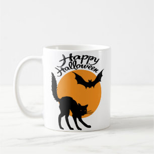 Mug Halloween chat noir et chauve-souris avec lune, ha