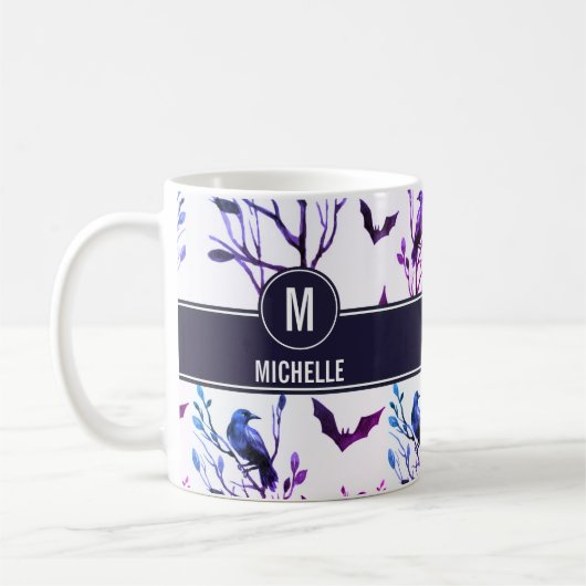 Mug Halloween Corbeaux chauves-souris Monogramme Nom p (Gauche)
