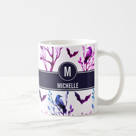 Mug Halloween Corbeaux chauves-souris Monogramme Nom p (Droite)