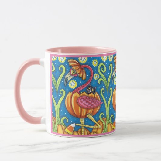 MUG HALLOWEEN FLAMANT ROSE ROSE & CHAT NOIR EN CITROUI (Gauche)