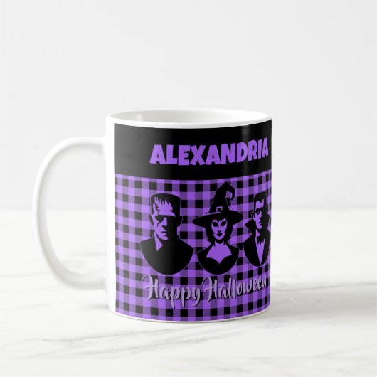 Mug Halloween Frankenstein Witch Vampire Purple Plaid (Gauche)