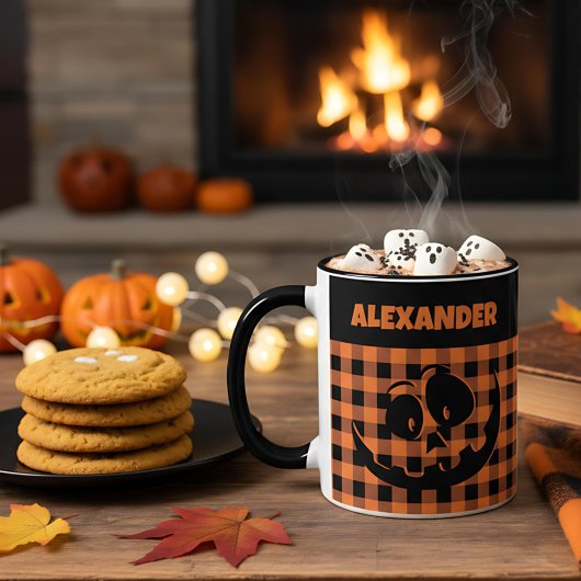 Mug Halloween Jack-O-Lantern Orange & Black Plaid Name