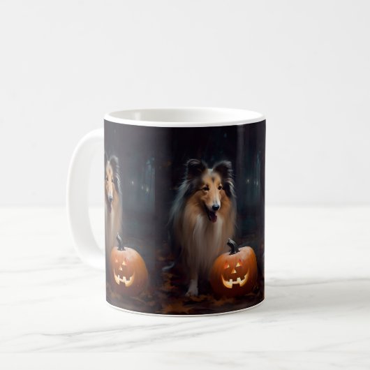 Mug Halloween Rough Collie Avec Citrouille effroi (Devant gauche)