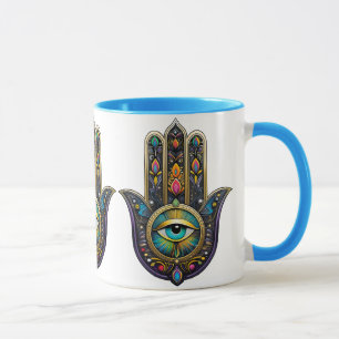 Mug Hamsa noir coloré avec troisième œil turquoise