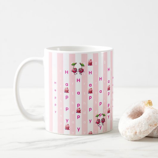 Mug Happy Birthday Pink & White Stripe (Avec donut)
