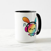 Mug Happy Bunny avec écouteurs écoutant de la musique. (Devant droit)