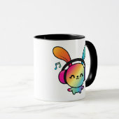 Mug Happy Bunny avec écouteurs écoutant de la musique. (Devant droit)