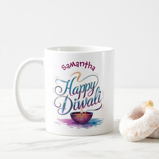 Mug Happy Diwali customisable white  (Avec donut)