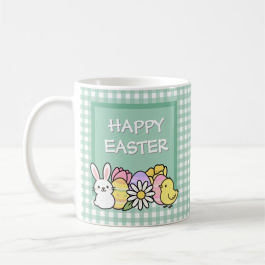 Mug Happy Easter Bunny Chick Eggs Green Gingham (Gauche)