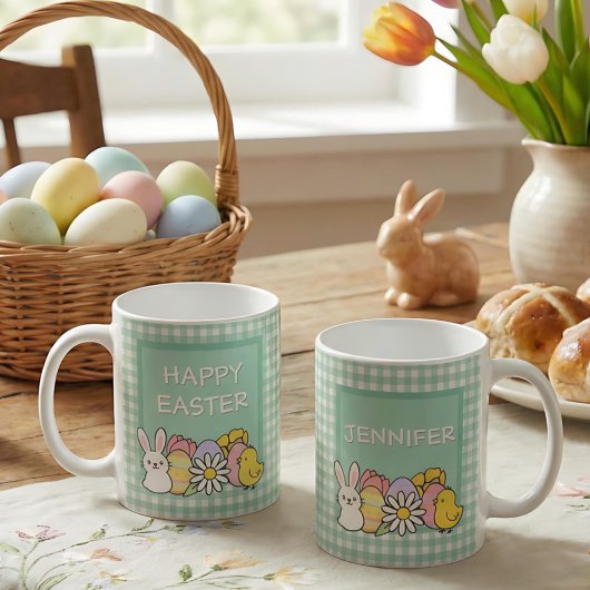 Mug Happy Easter Bunny Chick Eggs Green Gingham
