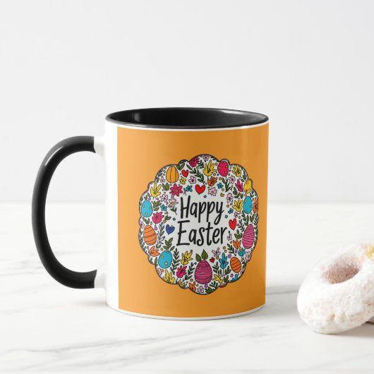 Mug Happy Easter – Decorative Floral Wreath caneca (Avec donut)