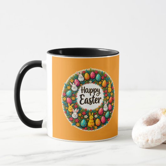 Mug Happy Easter Wreath – Bunny & Eggs caneca (Avec donut)