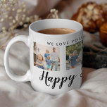 Mug Happy Fête des pères 4 Photo Custom Black Message<br><div class="desc">Police de script de Fête des pères heureuse avec 4 emplacements photo de famille avec un message personnalisé pour votre papa numéro 1.</div>