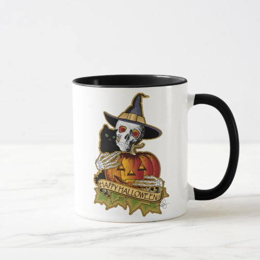 Mug Happy Halloween Chat noir, Crâne et Citrouille (Droite)