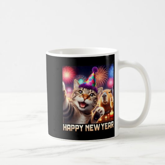 Mug Happy New Year 2026 Cute Cat Capybara Party Art  (Droite)