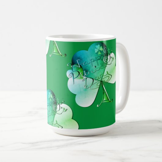 Mug "Happy St. Patrick's Day" Hand-writte w/Shamrocks (Devant droit)