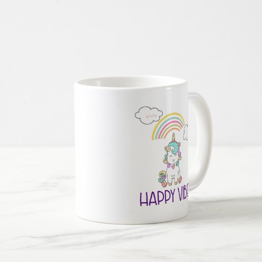 Mug Happy Vibes Typographie mignonne souriant Unicorn (Devant droit)