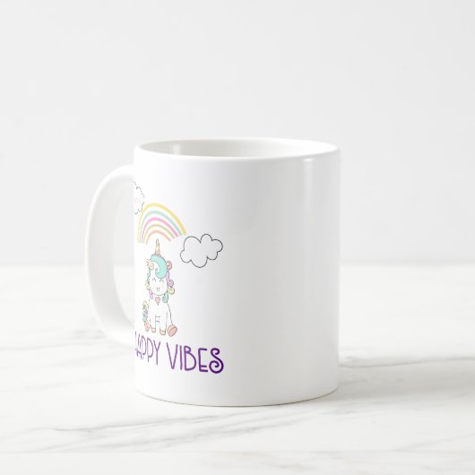 Mug Happy Vibes Typographie mignonne souriant Unicorn (Devant gauche)