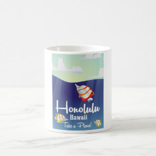 Mug Hawaii, honolulu Affiche de voyage dessin animé.