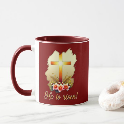 Mug He Is Risen – Christian Easter Cross Art - caneca (Avec donut)
