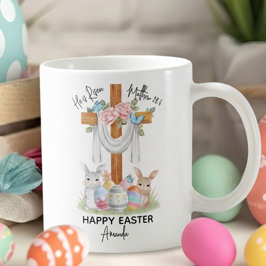 Mug He is Risen Happy Easter Gift with Cross & Bunnies