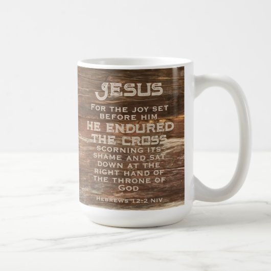 Mug Hébreux 12:2 Verset biblique Monogramme rustique e (Droite)