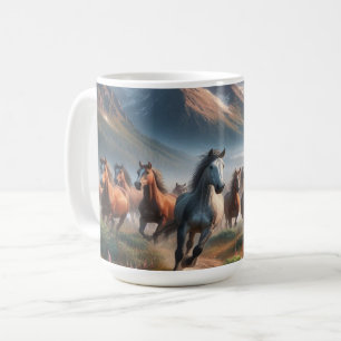 Mug Herd of Horses Galloping, Misty Mountain Scene