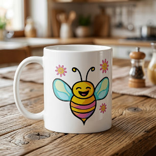 Mug Heureux bébé abeille souriante avec des fleurs.