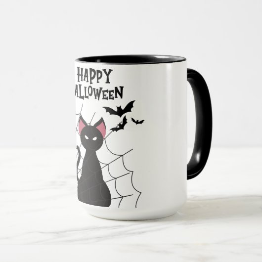 Mug HEUREUX HALLOWEEN Chat noir, chauves-souris et Web (Devant droit)