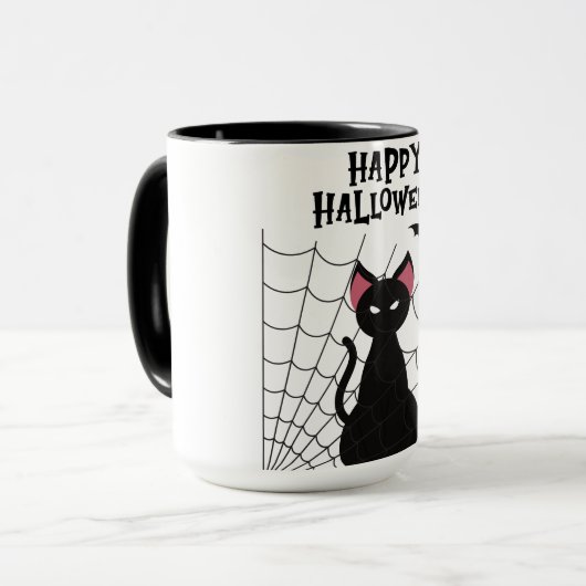 Mug HEUREUX HALLOWEEN Chat noir, chauves-souris et Web (Devant gauche)