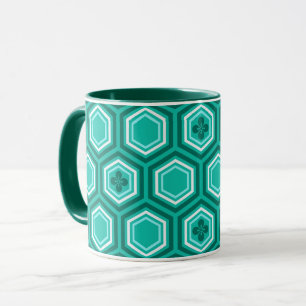 Mug Hexagonal Kimono Imprimer, Turquoise, Aqua et Blan